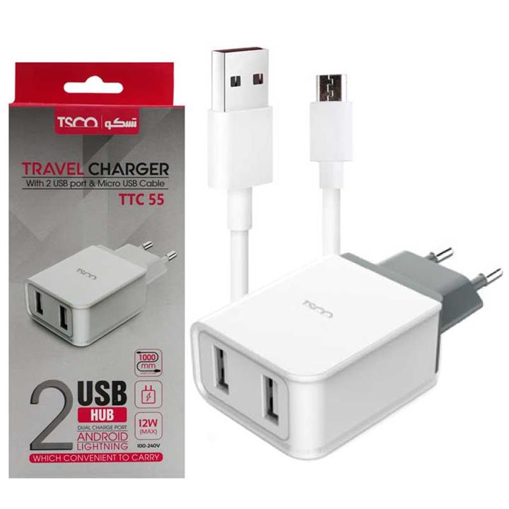 شارژر دیواری دو پورت تسکو مدل TTC 55 همراه با کابل MicroUSB طول 1 متر